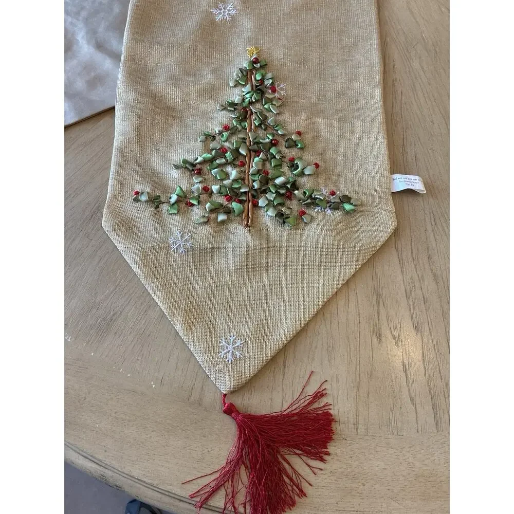 Christmas Table Runner Gold Sparkle Ribbon Embroidered Tree Tassels XMAS 72 X 13